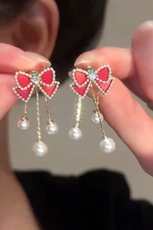 Red Bow Pearl Stud Earrings with Long Tassels - Elegant Lightweight Luxury for Versatile Style