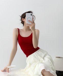 Red Camisole for Women with Chest Pads - Summer Slimming Sleeveless Top for Hot Girls, Trendy Casual Style