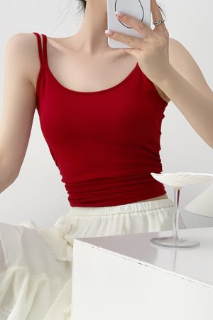 Red Camisole for Women with Chest Pads - Summer Slimming Sleeveless Top for Hot Girls, Trendy Casual Style