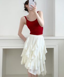 Red Camisole for Women with Chest Pads - Summer Slimming Sleeveless Top for Hot Girls, Trendy Casual Style