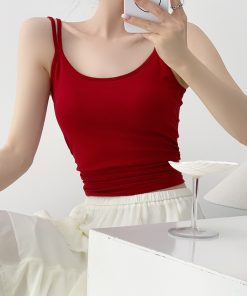 Red Camisole for Women with Chest Pads - Summer Slimming Sleeveless Top for Hot Girls, Trendy Casual Style