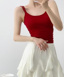 Red Camisole for Women with Chest Pads - Summer Slimming Sleeveless Top for Hot Girls, Trendy Casual Style