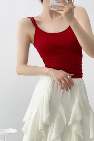 Red Camisole for Women with Chest Pads - Summer Slimming Sleeveless Top for Hot Girls, Trendy Casual Style