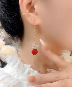 Red Diamond Ball Flower Zircon Drop Earrings, Light Luxury Retro Hong Kong Style, Trendy Versatile Earrings for Women