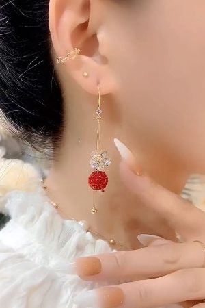 Red Diamond Ball Flower Zircon Drop Earrings, Light Luxury Retro Hong Kong Style, Trendy Versatile Earrings for Women