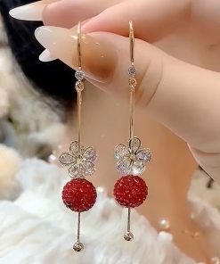 Red Diamond Ball Flower Zircon Drop Earrings, Light Luxury Retro Hong Kong Style, Trendy Versatile Earrings for Women