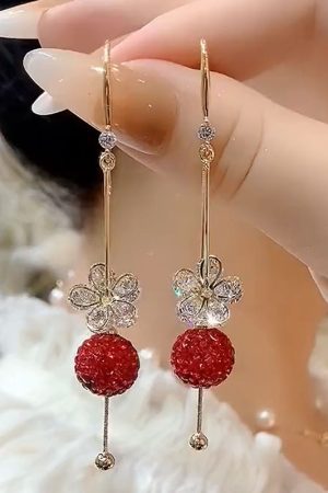Red Diamond Ball Flower Zircon Drop Earrings, Light Luxury Retro Hong Kong Style, Trendy Versatile Earrings for Women