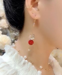 Red Diamond Ball Flower Zircon Drop Earrings, Light Luxury Retro Hong Kong Style, Trendy Versatile Earrings for Women