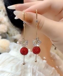 Red Diamond Ball Flower Zircon Drop Earrings, Light Luxury Retro Hong Kong Style, Trendy Versatile Earrings for Women