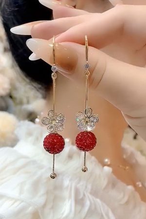 Red Diamond Ball Flower Zircon Drop Earrings, Light Luxury Retro Hong Kong Style, Trendy Versatile Earrings for Women