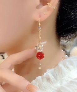 Red Diamond Ball Flower Zircon Drop Earrings, Light Luxury Retro Hong Kong Style, Trendy Versatile Earrings for Women