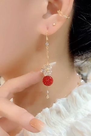 Red Diamond Ball Flower Zircon Drop Earrings, Light Luxury Retro Hong Kong Style, Trendy Versatile Earrings for Women