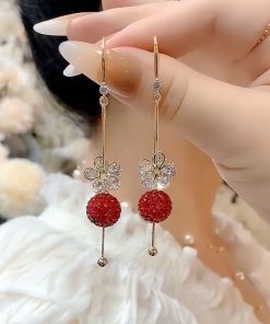 Red Diamond Ball Flower Zircon Drop Earrings, Light Luxury Retro Hong Kong Style, Trendy Versatile Earrings for Women