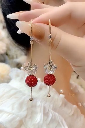 Red Diamond Ball Flower Zircon Drop Earrings, Light Luxury Retro Hong Kong Style, Trendy Versatile Earrings for Women