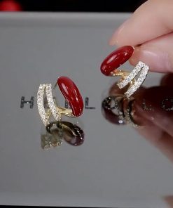 Red Drip Glaze Multi-Layer Diamond Inlaid Silver Needle Earrings - Exquisite Delicate Fashion Jewelry for Women