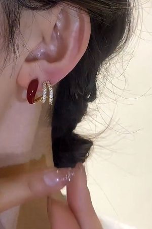 Red Drip Glaze Multi-Layer Diamond Inlaid Silver Needle Earrings - Exquisite Delicate Fashion Jewelry for Women
