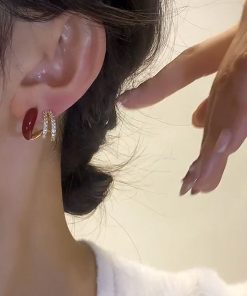 Red Drip Glaze Multi-Layer Diamond Inlaid Silver Needle Earrings - Exquisite Delicate Fashion Jewelry for Women
