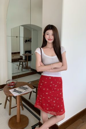 Red Floral Print Mermaid Long Skirt, Korean Style Vacation Fashion, Summer 2025 Women's Trendy Wear