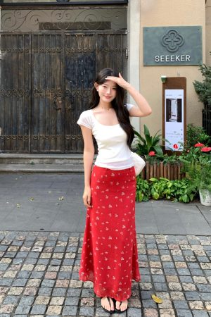 Red Floral Print Mermaid Long Skirt, Korean Style Vacation Fashion, Summer 2025 Women's Trendy Wear