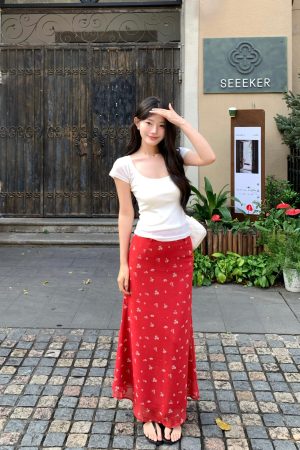 Red Floral Print Mermaid Long Skirt, Korean Style Vacation Fashion, Summer 2025 Women's Trendy Wear