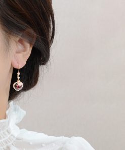 Red Garnet Heart-Shaped Drop Earrings for Women - Retro Winter New Year Versatile High-End Jewelry