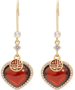 Red Garnet Heart-Shaped Drop Earrings for Women - Retro Winter New Year Versatile High-End Jewelry