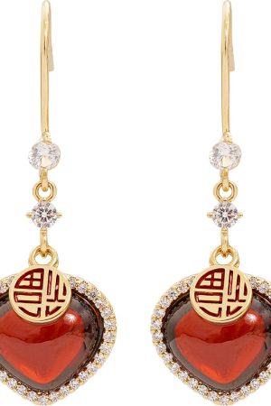Red Garnet Heart-Shaped Drop Earrings for Women - Retro Winter New Year Versatile High-End Jewelry