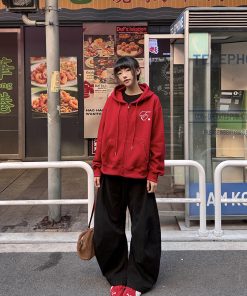 Red Hooded Cardigan Sweatshirt for Women - Retro American Style Ankhara Design, Spring Lightweight Coat