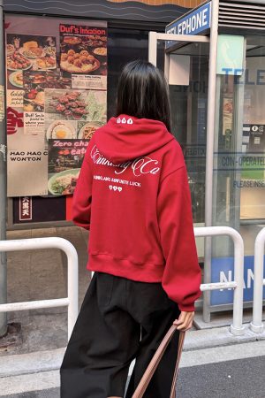 Red Hooded Cardigan Sweatshirt for Women - Retro American Style Ankhara Design, Spring Lightweight Coat