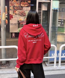 Red Hooded Cardigan Sweatshirt for Women - Retro American Style Ankhara Design, Spring Lightweight Coat
