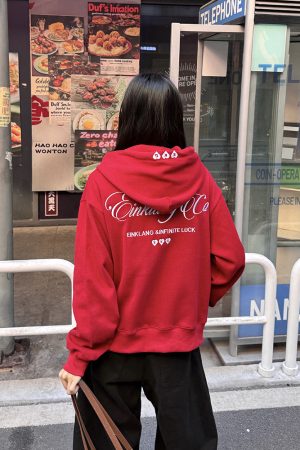 Red Hooded Cardigan Sweatshirt for Women - Retro American Style Ankhara Design, Spring Lightweight Coat