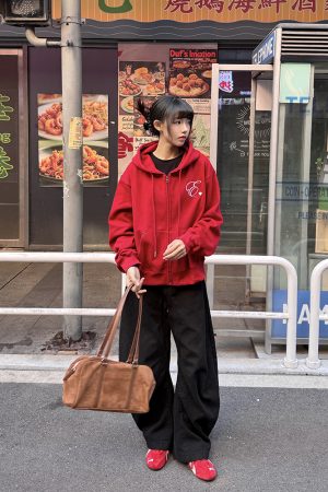 Red Hooded Cardigan Sweatshirt for Women - Retro American Style Ankhara Design, Spring Lightweight Coat