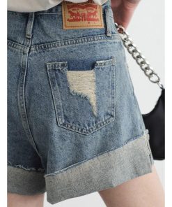 red knit sweater style, Bright Autumn Outfits - Distressed and Slit Jean Shorts