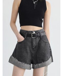 red knit sweater style, Bright Autumn Outfits - Distressed and Slit Jean Shorts