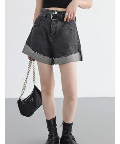 red knit sweater style, Bright Autumn Outfits - Distressed and Slit Jean Shorts