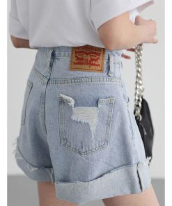 red knit sweater style, Bright Autumn Outfits - Distressed and Slit Jean Shorts