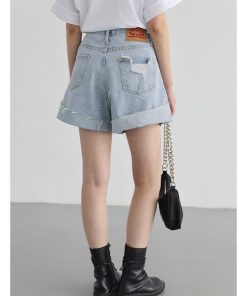 red knit sweater style, Bright Autumn Outfits - Distressed and Slit Jean Shorts