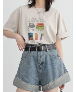 red knit sweater style, Bright Autumn Outfits - Distressed and Slit Jean Shorts