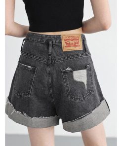 red knit sweater style, Bright Autumn Outfits - Distressed and Slit Jean Shorts