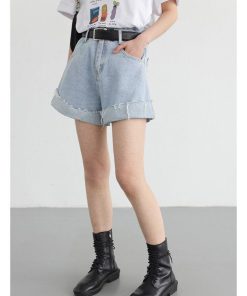 red knit sweater style, Bright Autumn Outfits - Distressed and Slit Jean Shorts