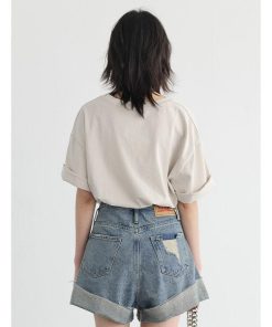 red knit sweater style, Bright Autumn Outfits - Distressed and Slit Jean Shorts