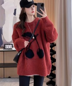 Red Mid-Length Loose Pullover Sweater for Women - Autumn Winter 2025 Fashion, Cozy Lazy Chic Top