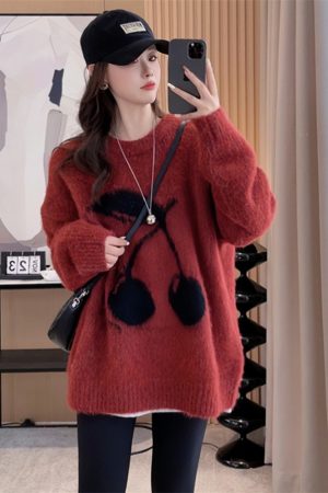 Red Mid-Length Loose Pullover Sweater for Women - Autumn Winter 2025 Fashion, Cozy Lazy Chic Top