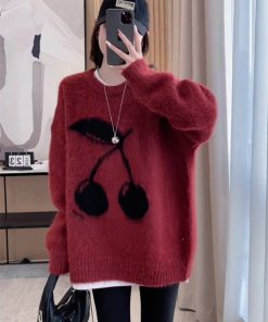 Red Mid-Length Loose Pullover Sweater for Women - Autumn Winter 2025 Fashion, Cozy Lazy Chic Top