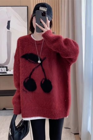 Red Mid-Length Loose Pullover Sweater for Women - Autumn Winter 2025 Fashion, Cozy Lazy Chic Top