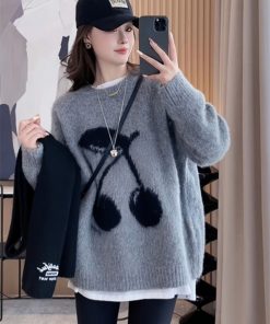 Red Mid-Length Loose Pullover Sweater for Women - Autumn Winter 2025 Fashion, Cozy Lazy Chic Top