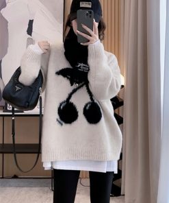 Red Mid-Length Loose Pullover Sweater for Women - Autumn Winter 2025 Fashion, Cozy Lazy Chic Top