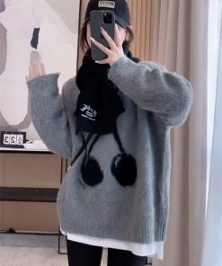 Red Mid-Length Loose Pullover Sweater for Women - Autumn Winter 2025 Fashion, Cozy Lazy Chic Top