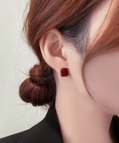 Red Minimalist Stud Earrings for Women, High-End Pure Silver, Versatile Niche Design, Cool Style 2025