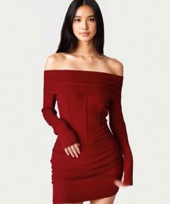 Red One-Shoulder Fishbone Bodycon Dress - Vintage Solid Color, Waist-Defined Style for Spring 2025, Y2K Inspired Fashion